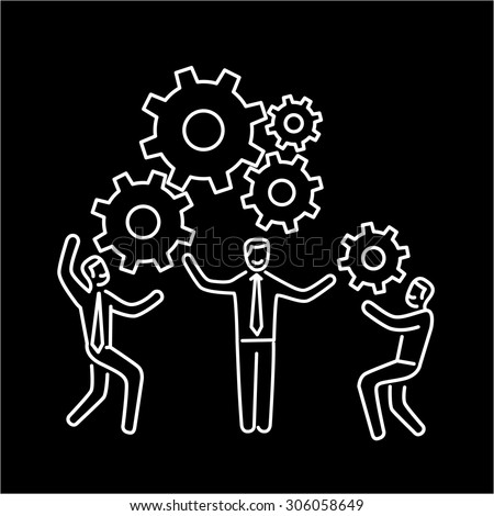 Vector teamwork skills icon of businessmans with gears bulding engine together | modern flat design soft skills linear illustration and infographic white on black background