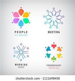 vector teamwork, social net, people together icon, company outline logo isolated. Set, collection of circle men signs
