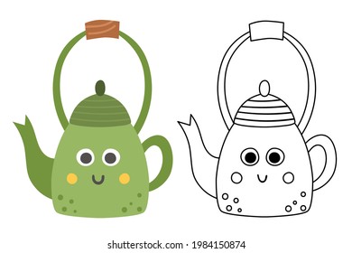 Vector teapot colored and black and white illustration. Kawaii tea pot icon. Smiling kettle with eyes and mouth isolated on white background. kitchen or hiking equipment. Cute coloring page