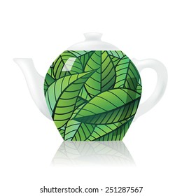 Vector Teapot covered with green tea leaves