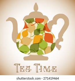 Vector teapot covered with red, yellow, green leaves. Tea time concept. Leaf texture for print, wallpaper, web pages, surface design, textile, fashion, invitation cards.