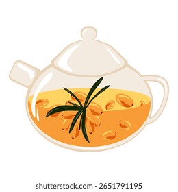 Vector teapot with golden sea buckthorn tea and leaves. Ideal for wellness graphics, autumn food design, and cozy herbal illustrations.