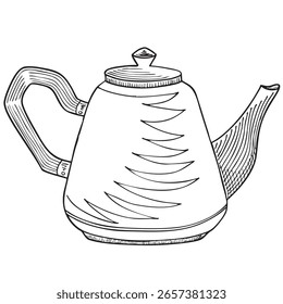 Bule de chá vetorial . Ilustração desenhada à mão, contorno preto e branco, para cartazes, cartões postais e design 