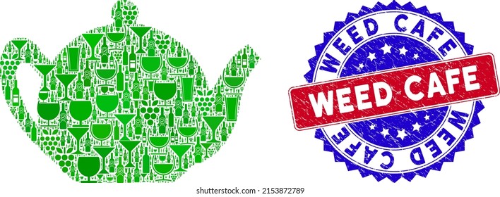 Vector teapot icon wine collage and grunge bicolor Weed Cafe seal. Red and blue bicolored seal with grunge texture and Weed Cafe word. Teapot collage icon formed with wine glasses,