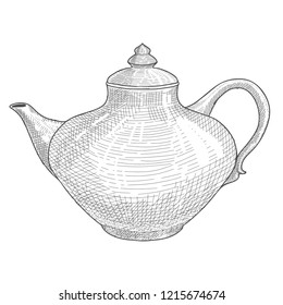 Vector teapot, kettle for tea tree leaf. Hand drawn sketch vector illustration.