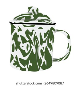 Vector teapot with lid in vintage enamel style, featuring green and white patterns, ideal for retro kitchen or culinary design use.