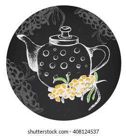 Vector teapot with seabuckthorn. Set of hand drawn vector illustration on a gray board. Freehand drawing with imitation of chalk sketch
