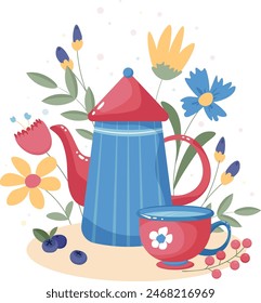 Vector teapot set with flowers and berries for graphic, content , banner, sticker label and greeting card