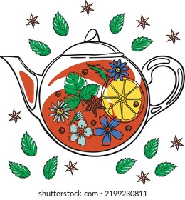 Vektor-Teekanne mit Teebeeren Blättern Aroma