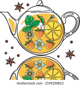 vector teapot with tea berries leaves aroma