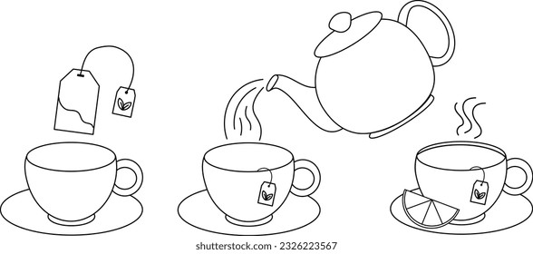 Té y elaboración de vectores de tetera. Instrucciones para preparar té y café. Iconos para té, café y elaboración. Instrucciones para la elaboración de bebidas calientes. Iconos para taza, taza, hervidor.