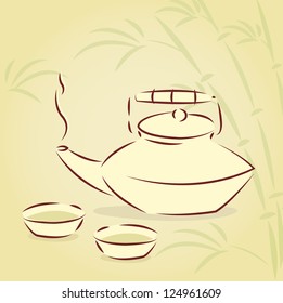 Vector teapot and two cups over bamboo background