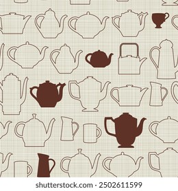 Vector teapots in line style vector.  Linene texture background. Seamless pattern. Paper, package, tablecloth, napkin, etc.