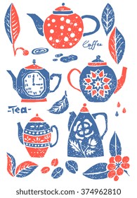 Vector teapots in lino style. Set for menu, tableware and other decoration