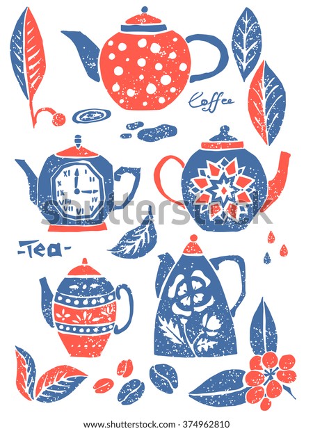 Vector Teapots Lino Style Set Menu Stock Vector Royalty Free