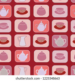 vector teapots teacups seamless repeat pattern on a raspberry background