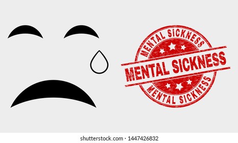 Vector tear smiley pictogram and Mental Sickness seal. Red round distress seal stamp with Mental Sickness text. Vector combination for tear smiley in flat style. Black isolated tear smiley pictogram.