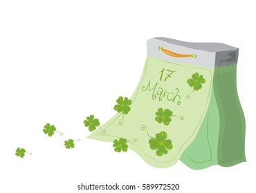 vector tear-off calendar with flying away clover leaves on a white background. St Patricks Day
