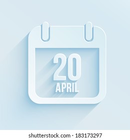 Vector tear-off calendar icon for 20 April. Paper style square reminder page with long shadow on gray background