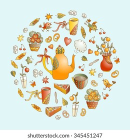 Vector teatime illustration. Beautiful round shape made of cute hand drawn elements for tea party - teapots, cups, sweets, flowers and birds. Card with circle of sweet doodles.