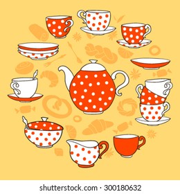 Vector TeaTime illustration, with red and white polka-dot tea porcelain set on orange background