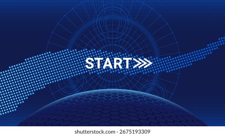 Vector tech abstract futuristic technogenic poster. Drawings, hexagon hemisphere, 3d cubic figure. Grid and deep distance. Start. Technical spatial wallpaper or background