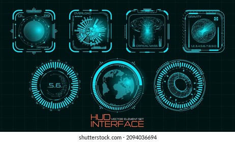 Vector. Tech background. Futuristic HUD style user interface. Modern digital information screen. Planet Earth, holographic spheres, game navigation systems. Detailed HUD, UI elements and info fields.