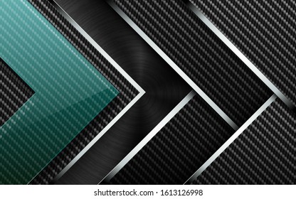 Vector tech background. Stack of carbon fiber material layer with chrome stripe edge. Black brushed metal and green glass arrow shape industrial wallpaper