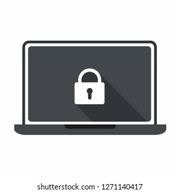 Vector tech computer laptop icon. On the computer screen a lock sign. Illustration of a laptop safety in flat style.