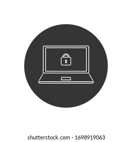 Vector tech computer laptop line icon. On the computer screen a lock sign. Illustration of a laptop safety in flat style