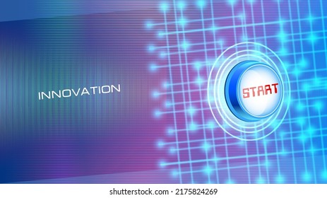 Vector tech futuristic banner. 3d start button, bright glowing circuits and the word innovation