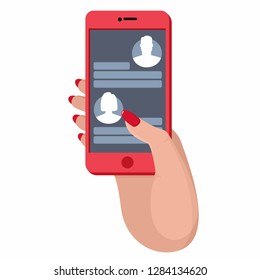 Vector tech hand icon with mobile phone. On the phone screen online chat. Smartphone messenger app illustration in flat style.