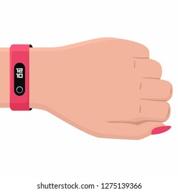 Vector tech icon hand with fitness bracelet. Hand illustration with smart tracker bracelet in flat style.