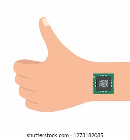Vector tech icon hand with integrated chip. Illustration of a hand with a microchip in flat style.