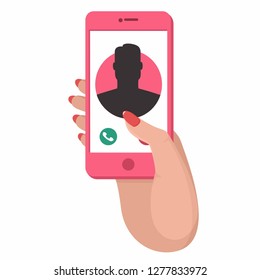 Vector tech icon hand with phone. On the phone screen call the subscriber. Illustration of a hand with a pink mobile phone in flat style.