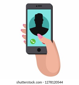 Vector tech icon hand with phone. On the phone screen call the subscriber. Illustration of a hand with a phone in flat style.