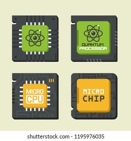 Vector Tech Icon Set Of Chips And CPU. Illustration Of A Computer Chip In A Flat Style: Quantum Chip, Micro Chip, Microprocessor, CPU.