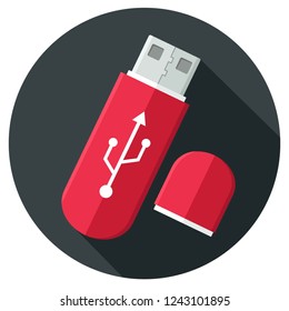 Vector tech icon usb flash drive. On the red flash drive connection sign. Illustration USB in flat style.