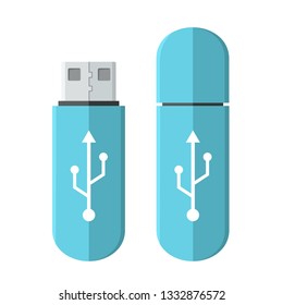 Vector tech icon USB flash drive. Flash stick blue color with a sign of connection. Illustration of USB flash drive in flat minimalism style.