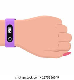 Vector tech icon woman hand  with fitness bracelet. Hand illustration with smart tracker bracelet in flat style.