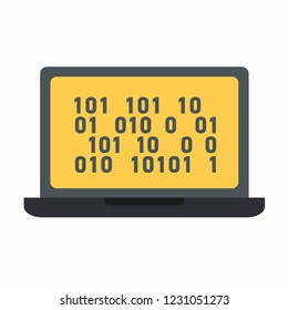 Vector tech laptop icon. Computer notebook illustration in flat style. On the screen binary code: 0 and 1