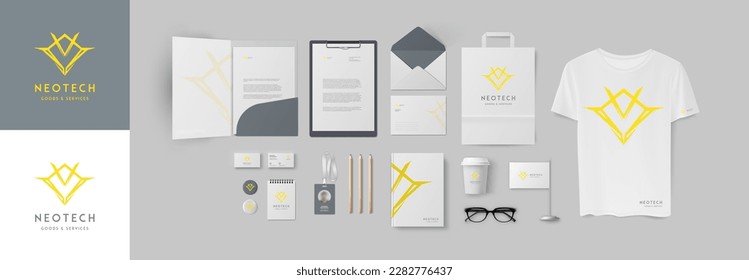 Logotipo de tecnología de vectores y paquete de diseño de marca corporativa en color amarillo y gris gamma. Conjunto completo de elementos de papel.