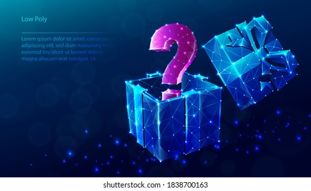 Vector Tech Low Poly Blue Background. Low Poly Question Sign Coming Out Of The Gift Box.