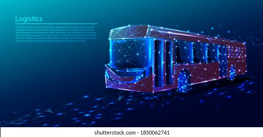 Vector Tech Polygonal Technology Background With Red Bus Transport Service. 