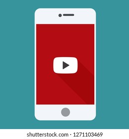 Vector tech white phone icon. On the smartphone screen sign start button video. Phone video player illustration in flat style.