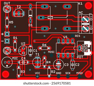 Vector technic printed circuit board of electronic 
device with components of radio elements, 
conductors and contact pads placed on pcb. 
Engineering technical computer cad drawing.