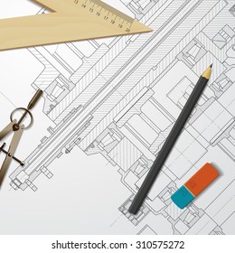 Vector technical blueprint of heavy machinery. Engineer illustration