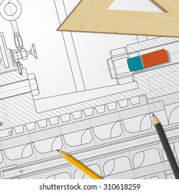 Vector technical blueprint of heavy machinery. Engineer illustration