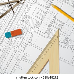 Vector technical blueprint of heavy machinery. Engineer illustration