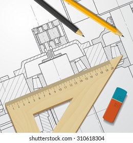 Vector technical blueprint of heavy machinery. Engineer illustration